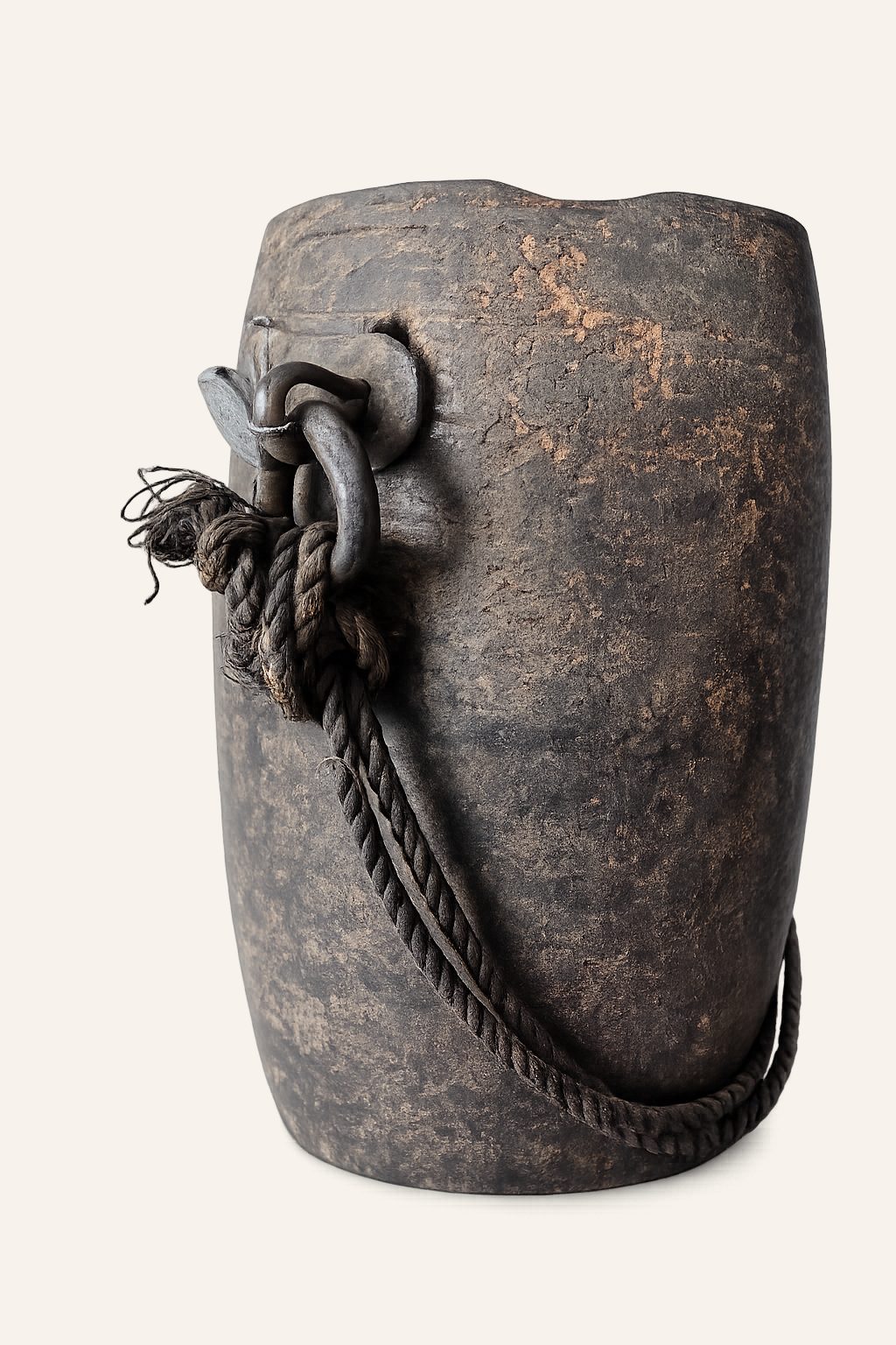 Authentieke houten draagpot met koord, detail 3