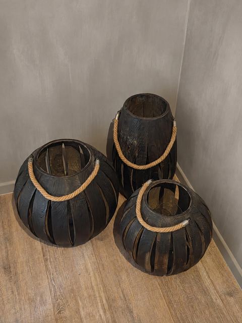 Set van 3 houten lantaarns met touwgreep, detail 2