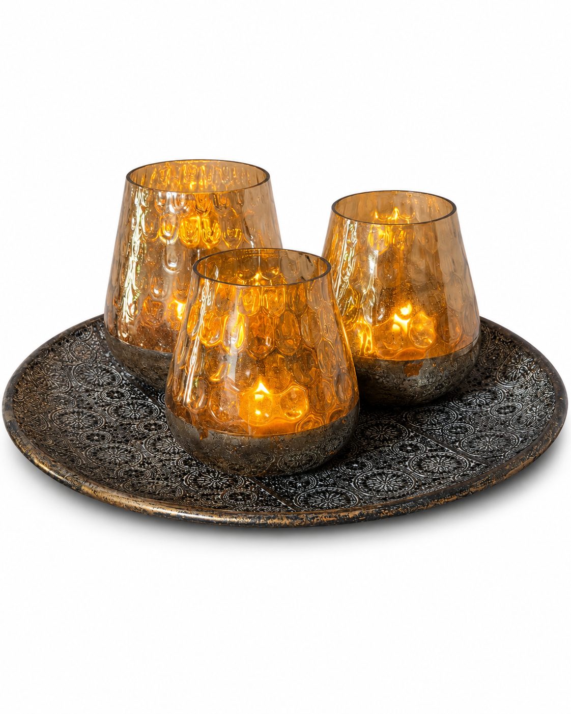 Decoratieve schaal met 3 amberkleurige theelichthouders, detail 2