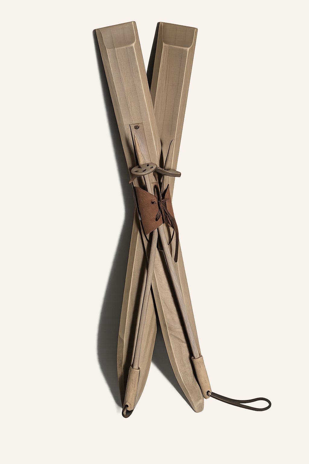 Vintage houten mini-ski’s met skistokken en leren binding, detail 2