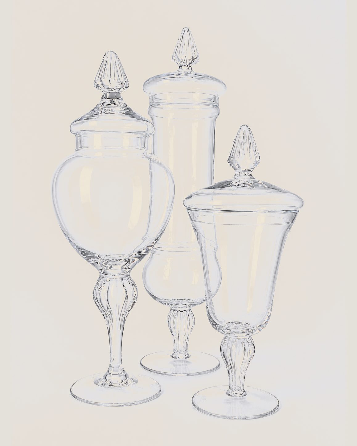 Set van 3 decoratieve glazen voorraadpotten op voet met deksel, Atelierselectie, bij Mahieu&Merckx