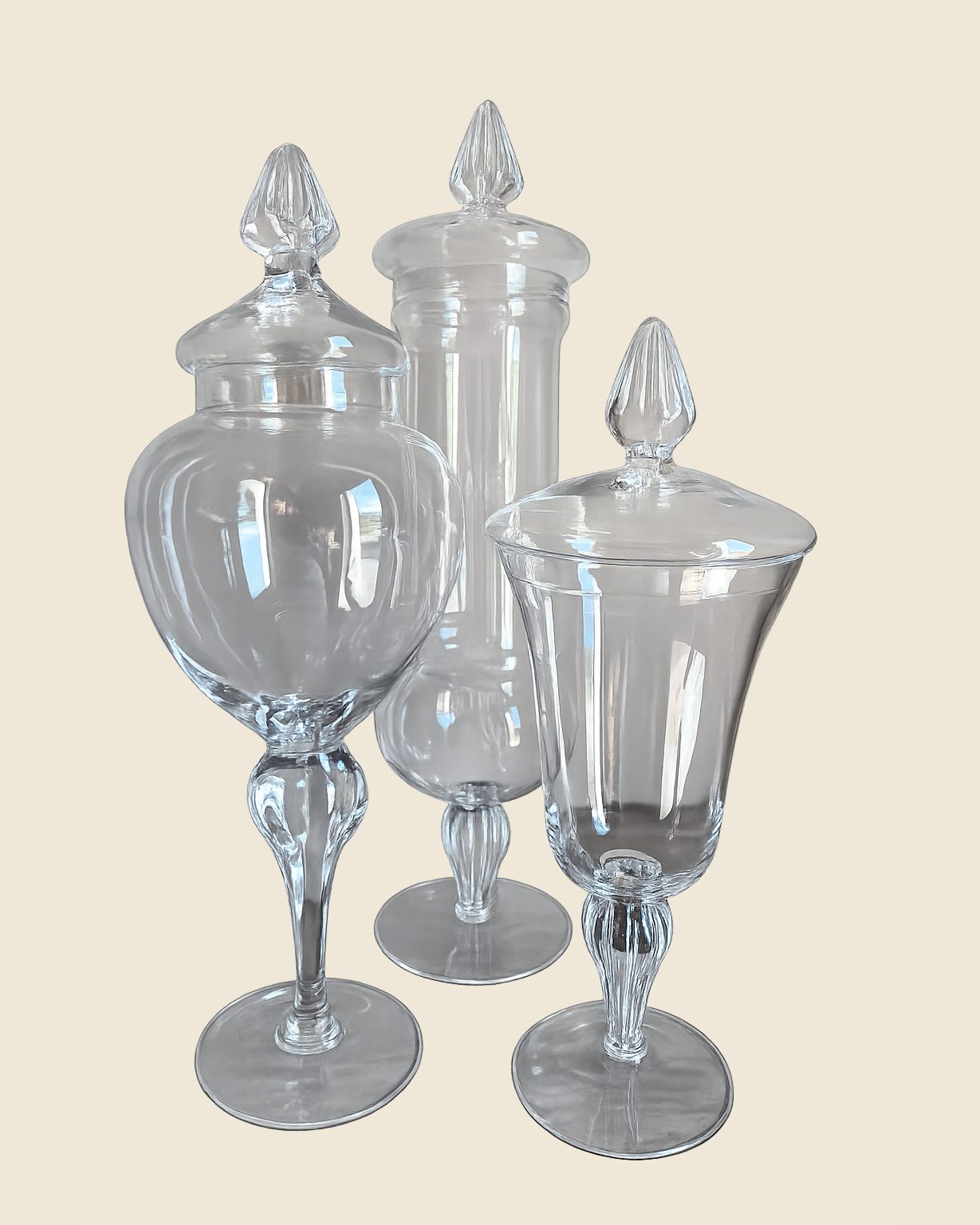 Set van 3 glazen apothekerspotten met sierlijke deksels, Atelierselectie, bij Mahieu&Merckx