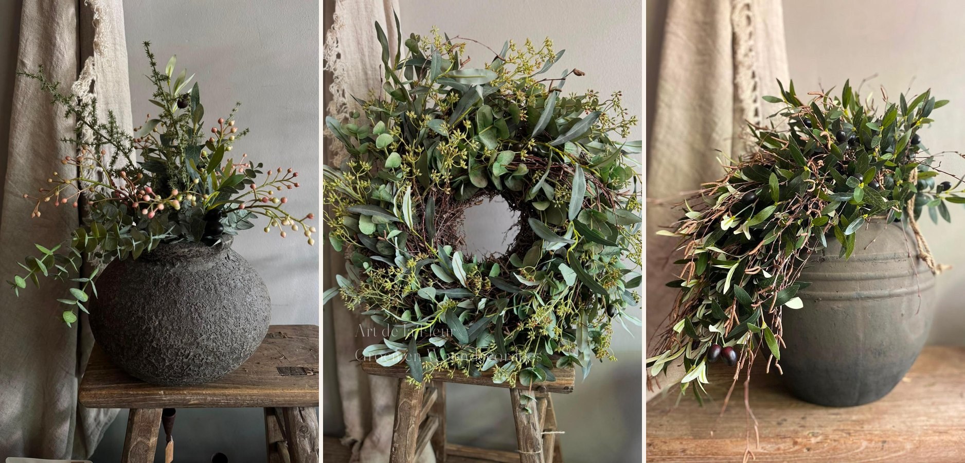 Drie werken van Art de la Fleur: een boeket in een pot, een eucalyptuskrans en olijftakken over een oude kruik