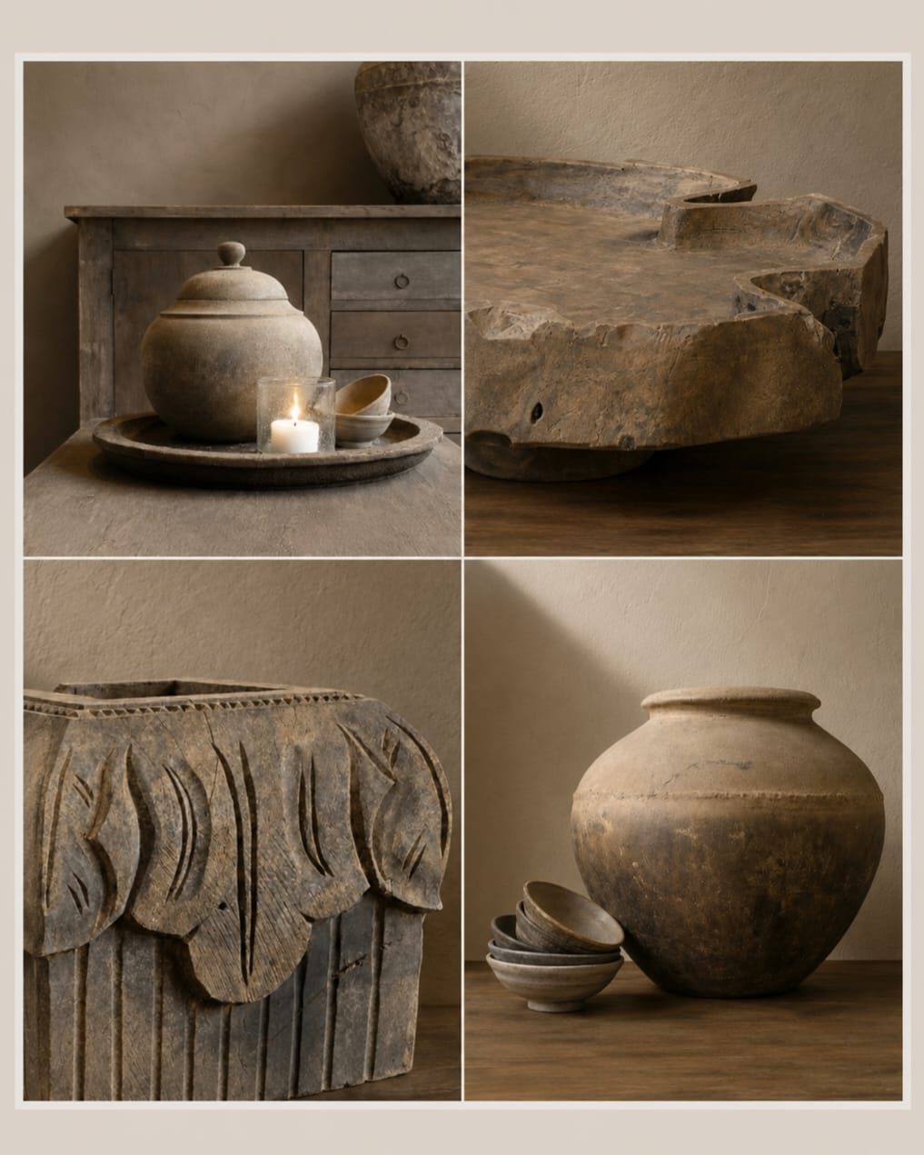 Vier stukken van Luksa: een houten pot met deksel, een uitgesneden schaal, een gesneden houten object en een aardewerken kruik met kommetjes