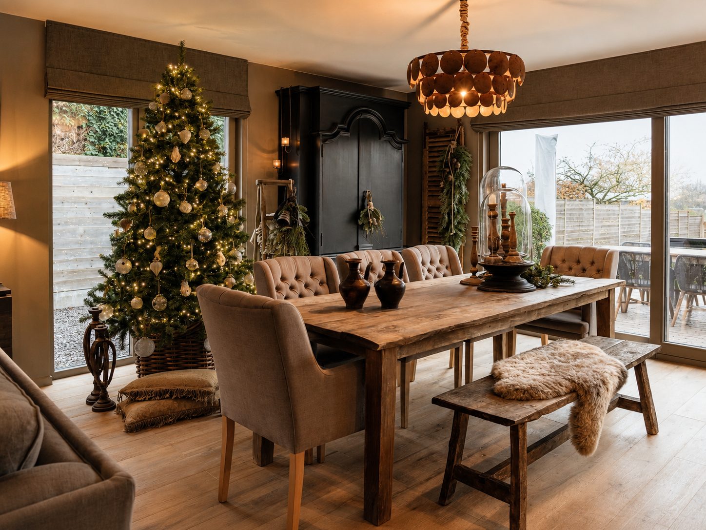 De eethoek met de kerstboom, de lange houten tafel en de schelpenluchter