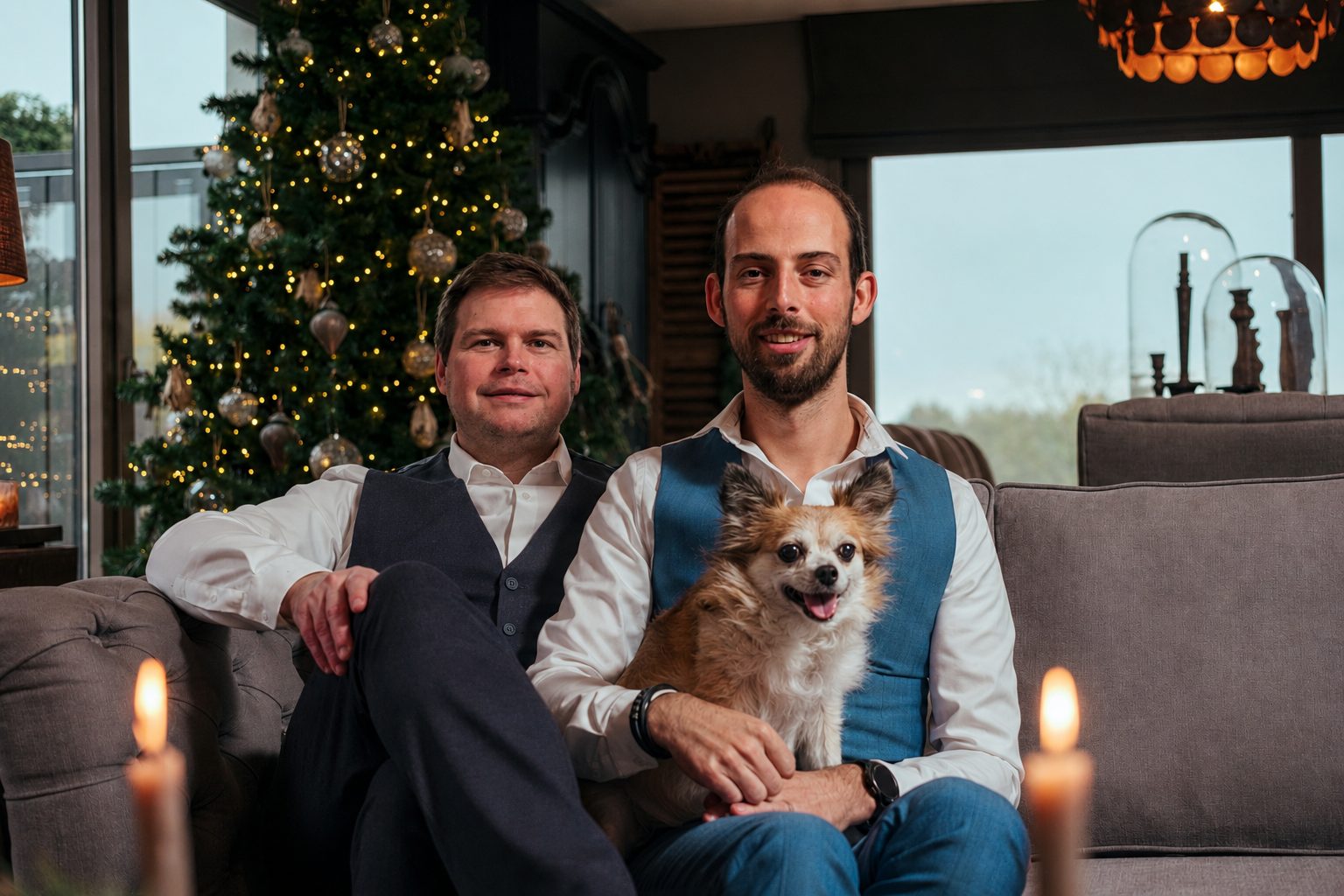 Jelle en Daan op de sofa met hun hondje Yenthel, kaarslicht en de kerstboom op de achtergrond
