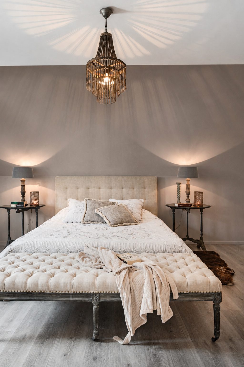 Slaapkamer in zachte taupetinten met gestoffeerd bed en kralenluchter